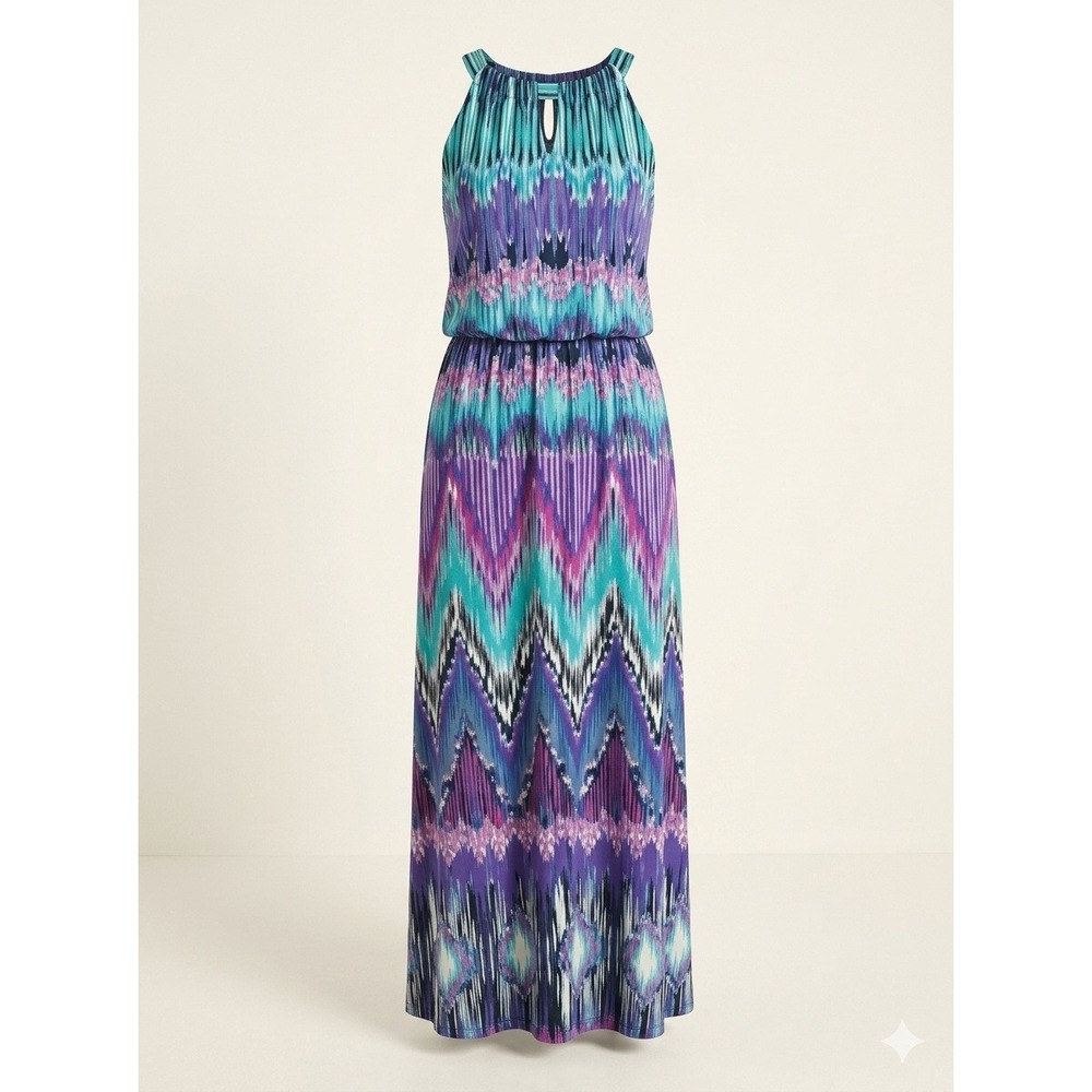 Chicos Purple Blue Ikat Chevron Halter Maxi Dress XL 16 Blouson Bright Colorful